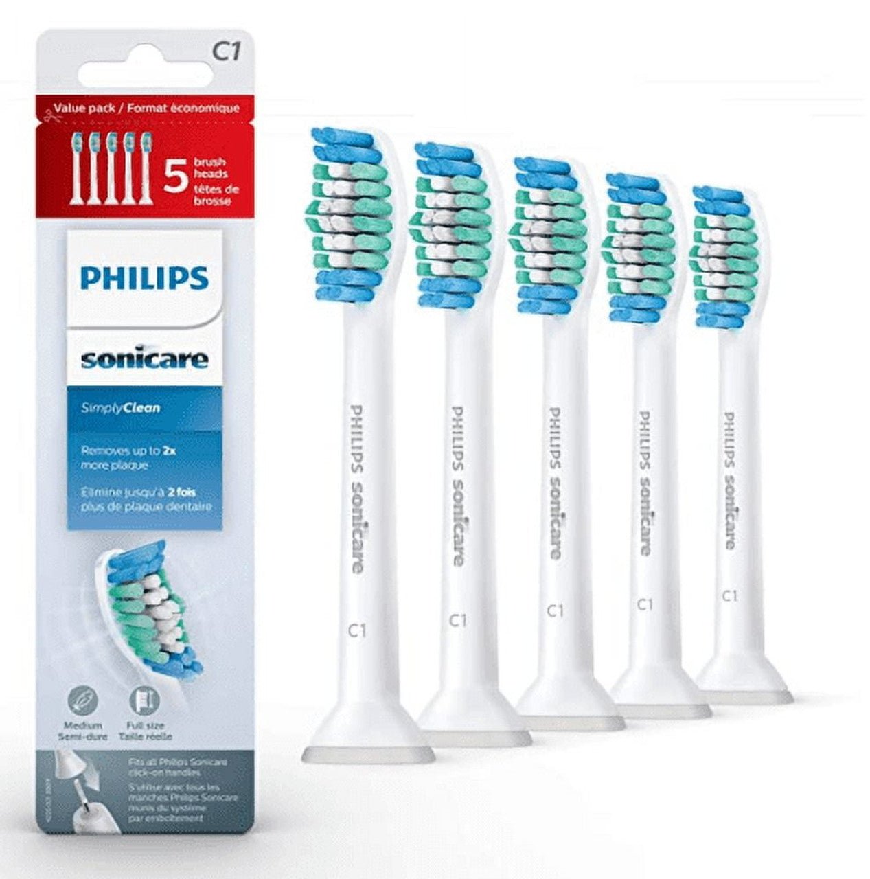 C1 Simplyclean Replacement Toothbrush Heads with Protective Clean Toothbrush,5 Pack, White