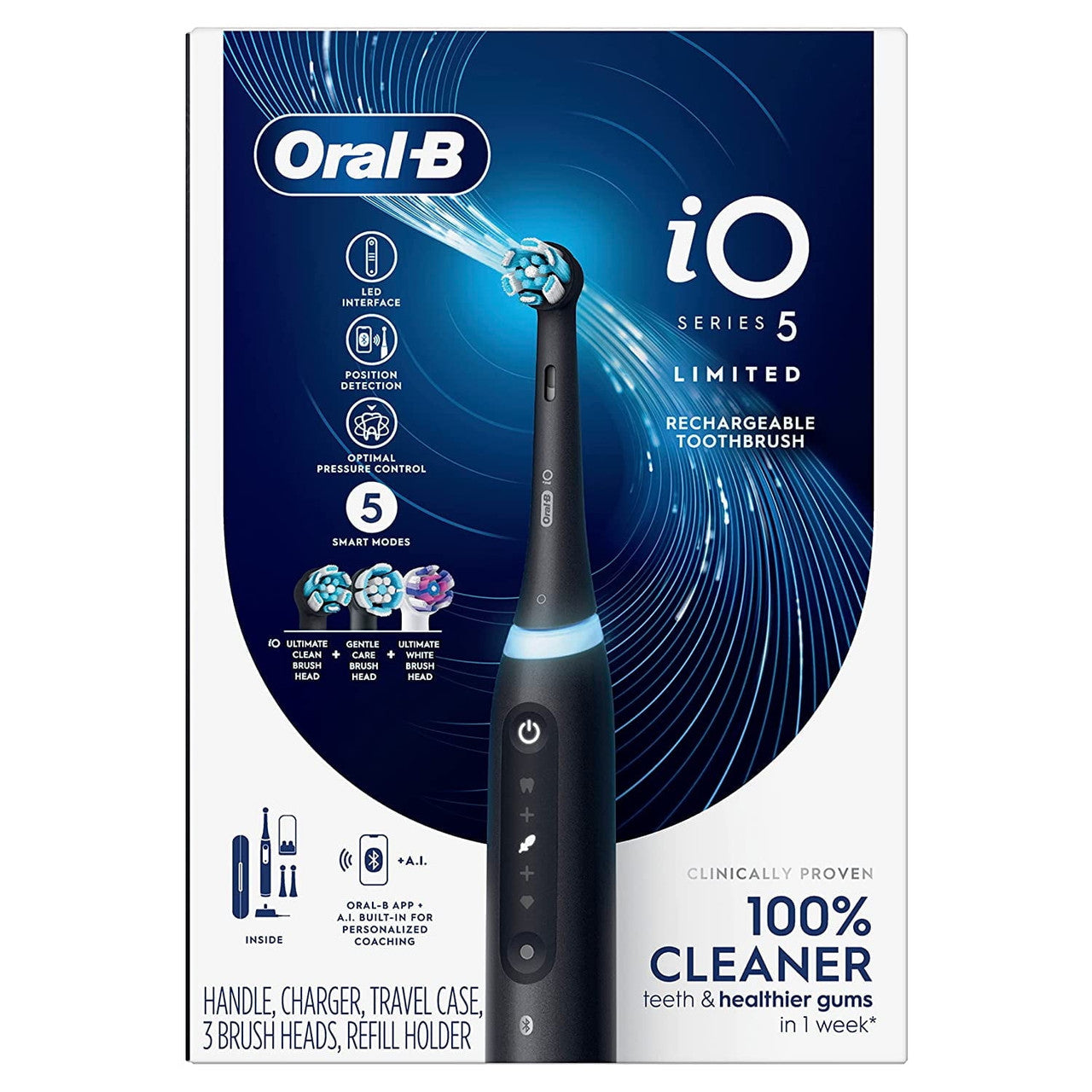 Oral-B iO Series 5 Rechargeable Electric Toothbrush with Visible Pressure Sensor to Protect Gums, 2 Minute Timer, 5 Cleaning Settings, 1 Replacement Toothbrush Heads, and Travel Case, Black - GOODSZON Discount Store