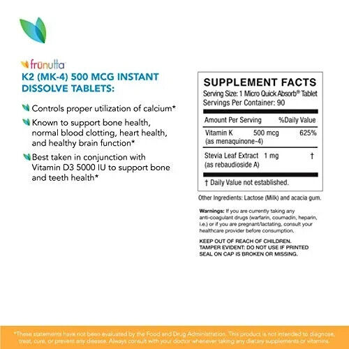 Frunutta Instant Dissolvable Vitamin K2, 500 mcg MK-4, 90 Tabs Exp 04/2024 Pack2 - GOODSZON Discount Store