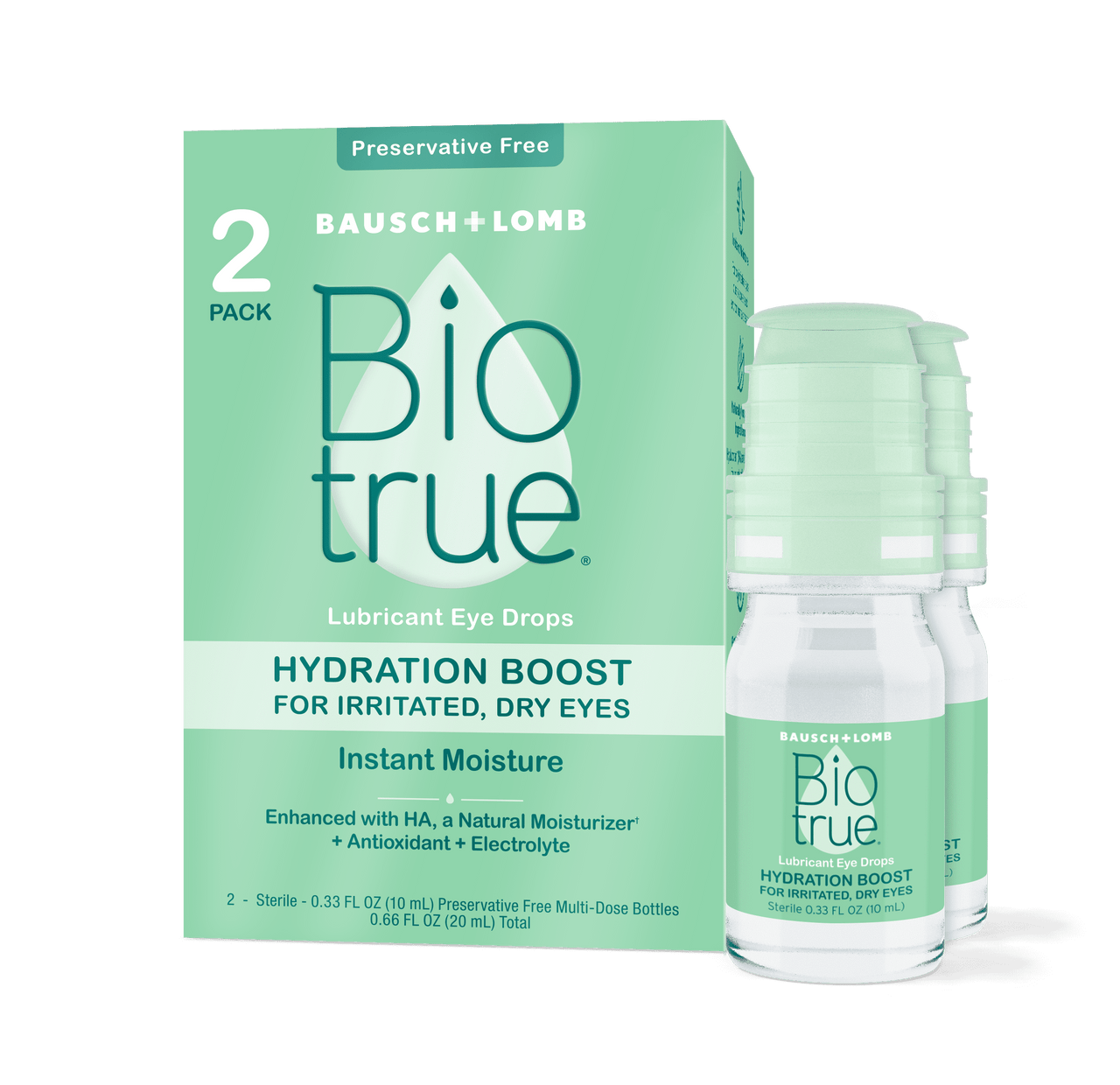 Biotrue® Hydration Boost Eye Drops for Irritated and Dry Eyes from Bausch + Lomb, Preservative Free, Naturally Inspired, Soft Contact Lens Friendly, 0.33 FL OZ (10 mL), Pack of 2 - GOODSZON Discount Store