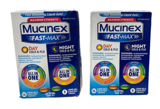 Mucinex Max Strength Fast-Max Day Cold & Night Cold Flu 24 Liquid Gels Pack of 2 - GOODSZON Discount Store