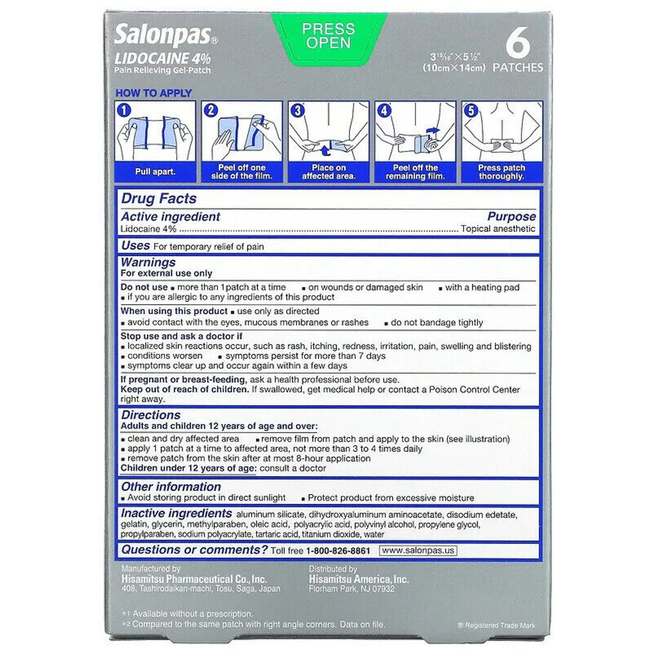 Salonpas Lidocaine Maximum Strength Pain Relieving Gel-Patch, 6 ct - GOODSZON Discount Store