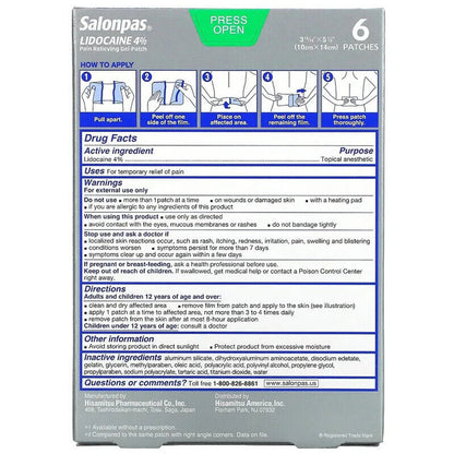 Salonpas Lidocaine Maximum Strength Pain Relieving Gel-Patch, 6 ct - GOODSZON Discount Store