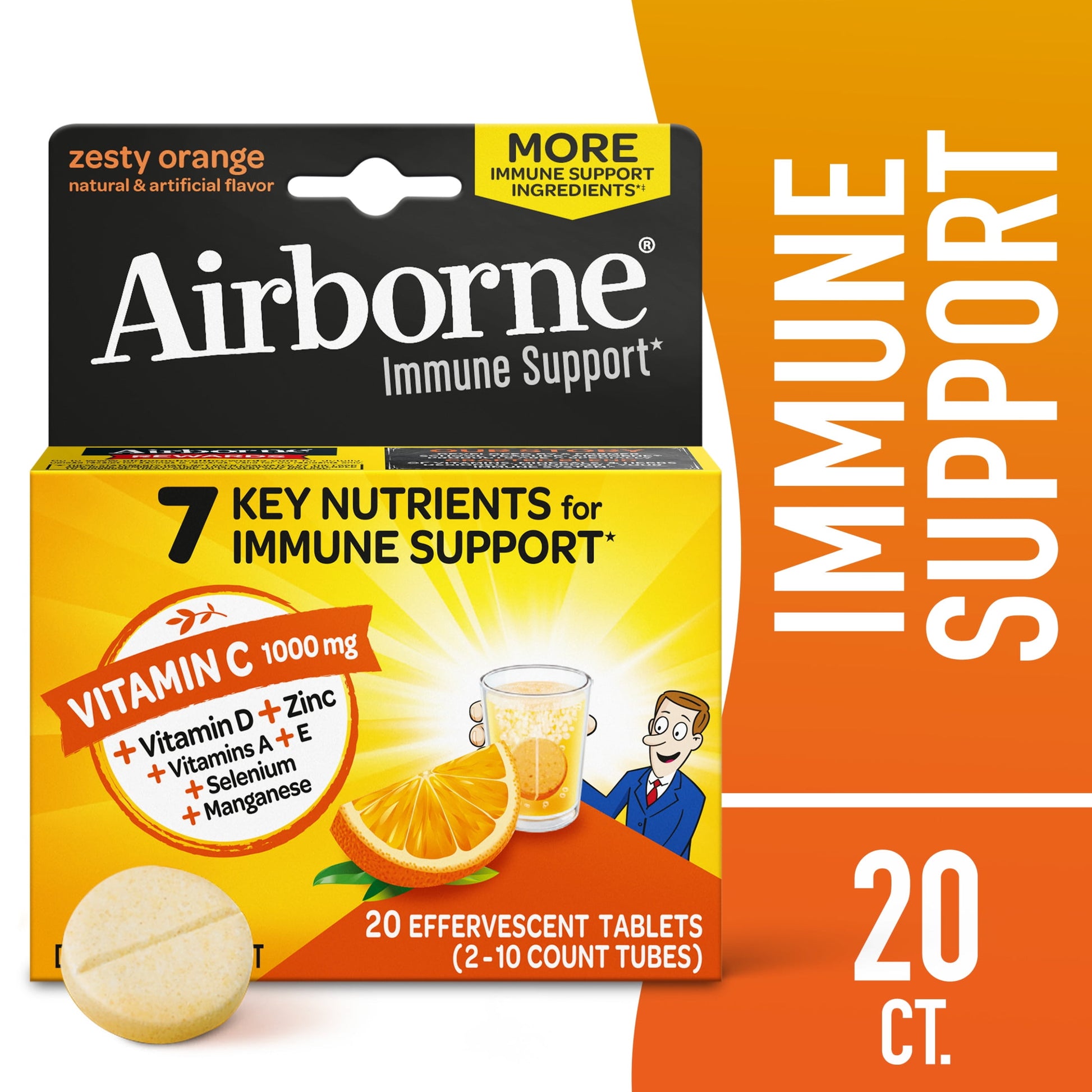 Airborne 1000mg Vitamin C Immune Support Effervescent Tablets, Multivitamin Supplement, Zesty Orange Flavor, 20 ct - GOODSZON Discount Store