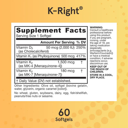 Jarrow Formulas K-Right - Vitamin K-Complex (K1, MK-4, MK-7, D3) - 60 Servings (Softgels) - Dietary Supplement for Bone & Cardiovascular Health Support - Vitamin K2 MK-7 - Gluten Free - GOODSZON Discount Store