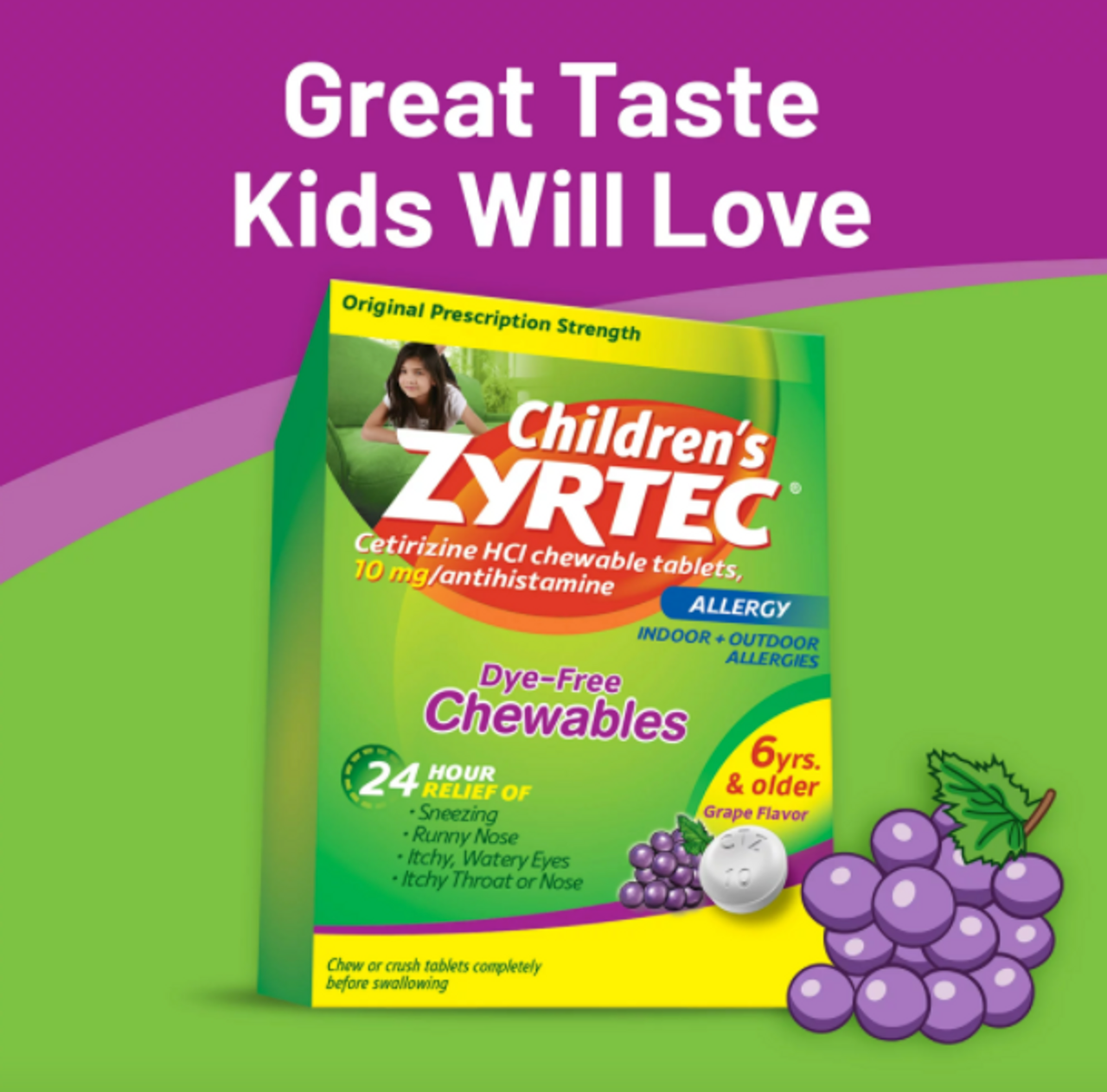 Zyrtec 24 Hour Children's Allergy Chewable Tablets, Grape, 24 ct - GOODSZON Discount Store