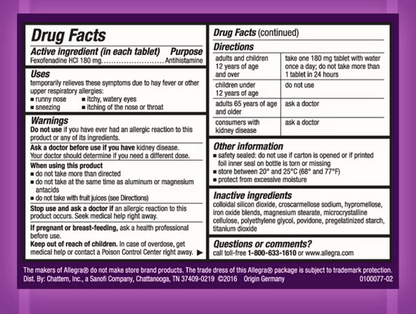 Allegra 24-Hour Indoor Outdoor 180 Mg. Allergy Relief - 70 Tablets - GOODSZON Discount Store
