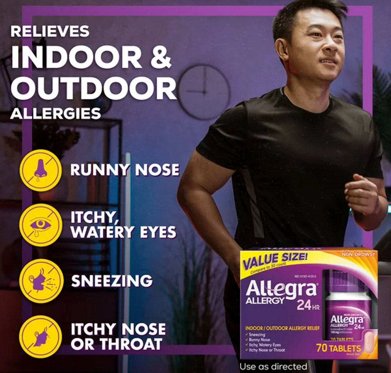 Allegra 24-Hour Indoor Outdoor 180 Mg. Allergy Relief - 70 Tablets - GOODSZON Discount Store