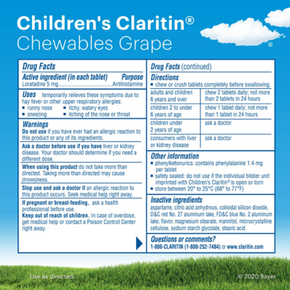 Claritin Children's 24-Hour Non-Drowsy Allergy Grape Chewable Tablet, 60 Count - GOODSZON Discount Store