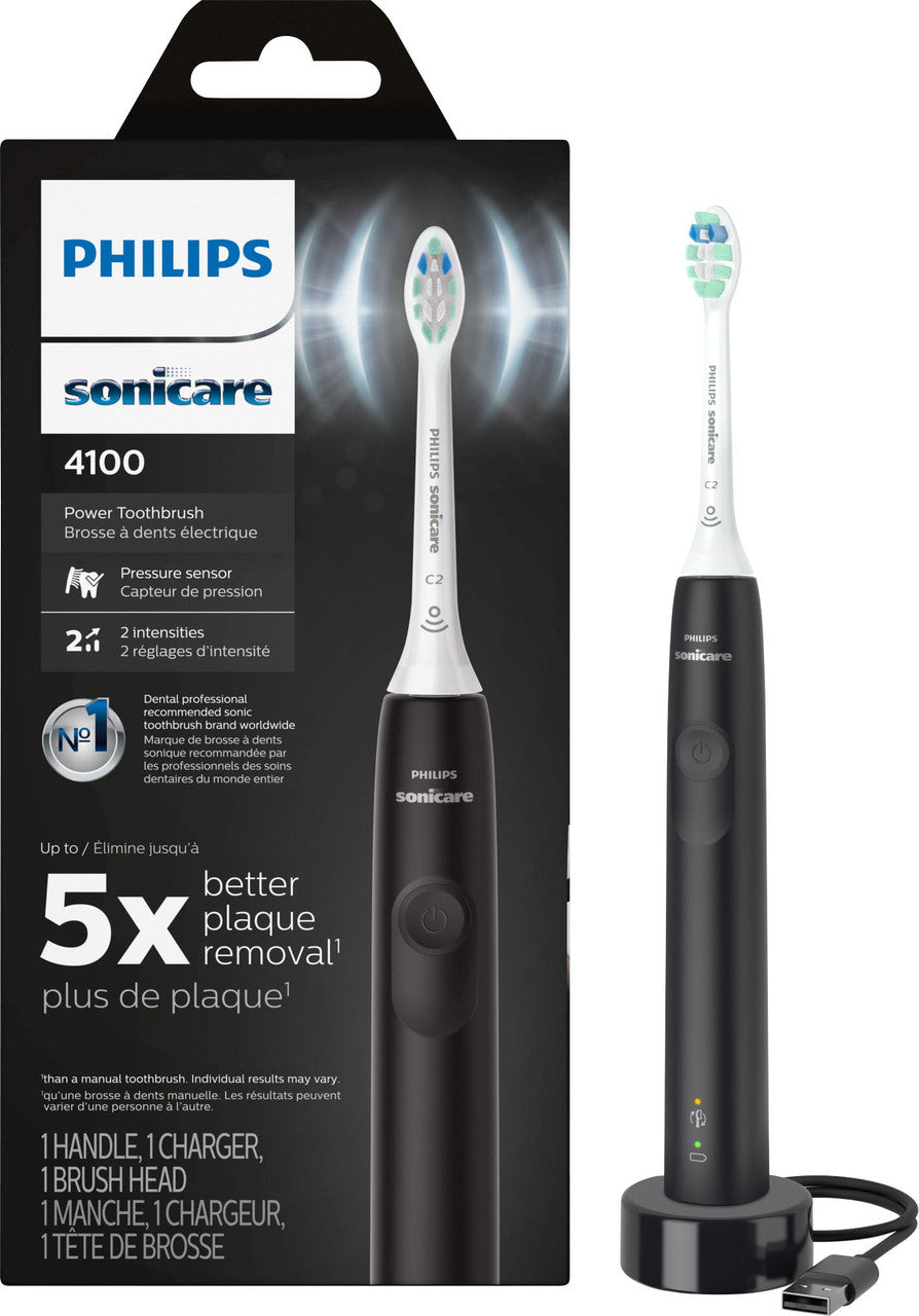 Philips Sonicare 4100 Rechargeable Electric Toothbrush, with Pressure Sensor, 2 Intensity Settings, SmarTimer and QuadPacer, 14-Day Battery Life, Black, Model HX3681/24 - GOODSZON Discount Store