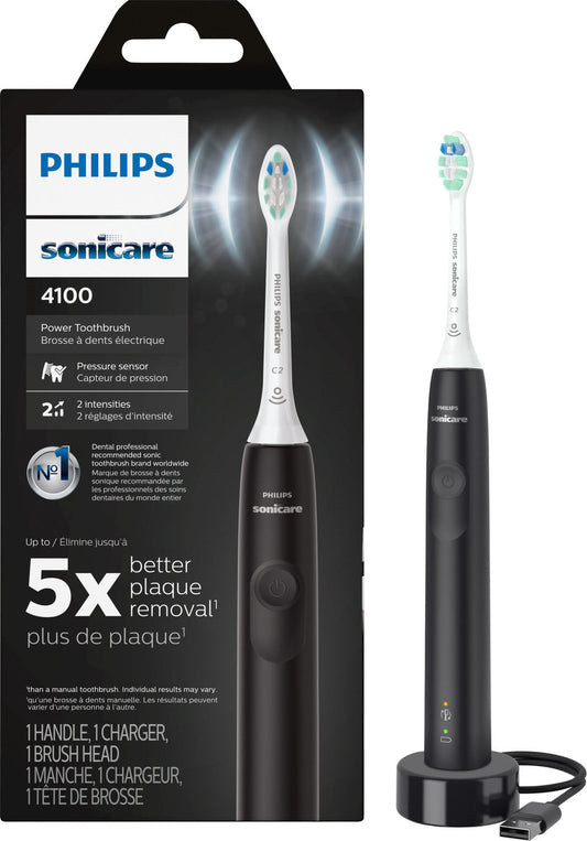 Philips Sonicare 4100 Rechargeable Electric Toothbrush, with Pressure Sensor, 2 Intensity Settings, SmarTimer and QuadPacer, 14-Day Battery Life, Black, Model HX3681/24 - GOODSZON Discount Store