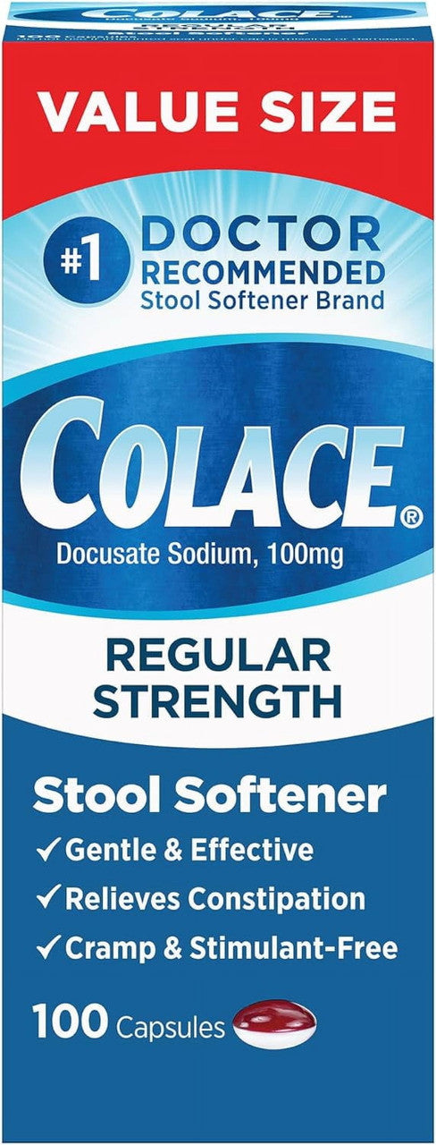 Colace Regular Strength Stool Softener 100 mg Capsules 100 Count Docusate Sodium Stimulant-Free for Gentle, Dependable Occasional Constipation Relief - GOODSZON Discount Store