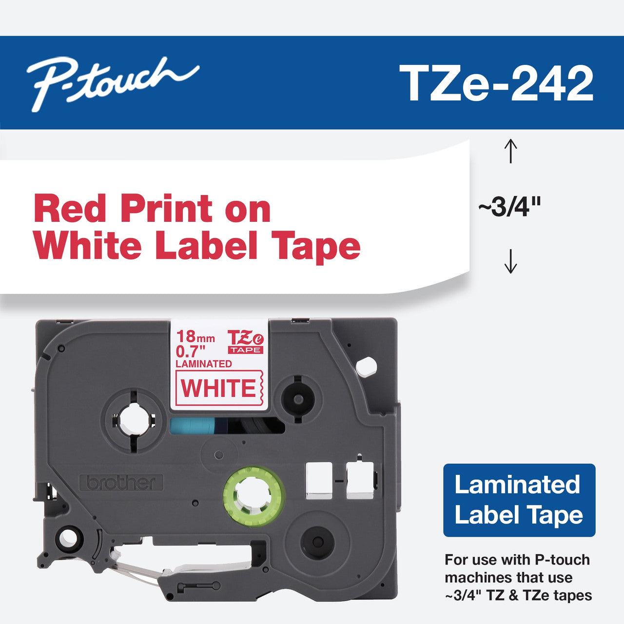 Brother Genuine P-touch TZE-242 Tape, 3/4" (0.7") Wide Standard Laminated Label Maker Tape, Red on White, 0.7 in. x 26.2 ft. (18mm x 8M), TZE242 - GOODSZON Discount Store