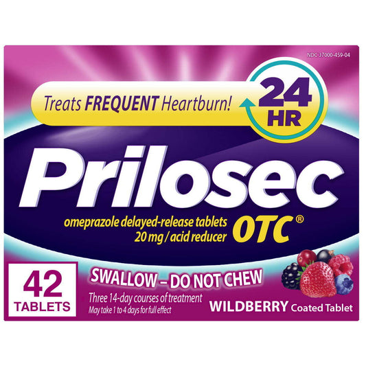 Prilosec OTC, Omeprazole Delayed Release 20mg for Heatburn, Acid Reducer, All Day, All Night*, Wildberry Flavor, 20mg, 42 Tablets - GOODSZON Discount Store