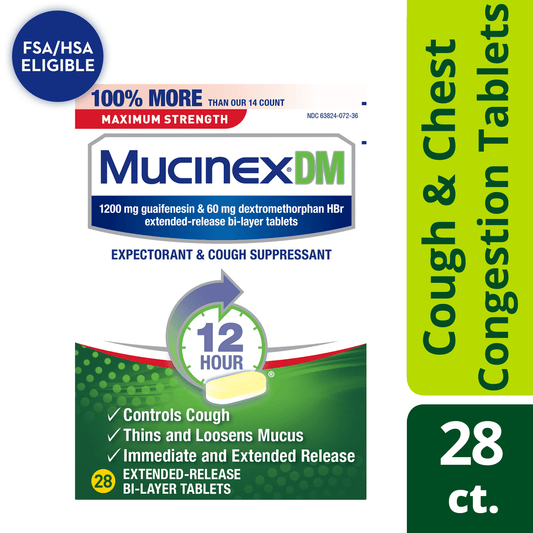 Mucinex DM Maximum Strength 12-Hour Expectorant and Cough Suppressant Tablets, 28 Count - GOODSZON Discount Store