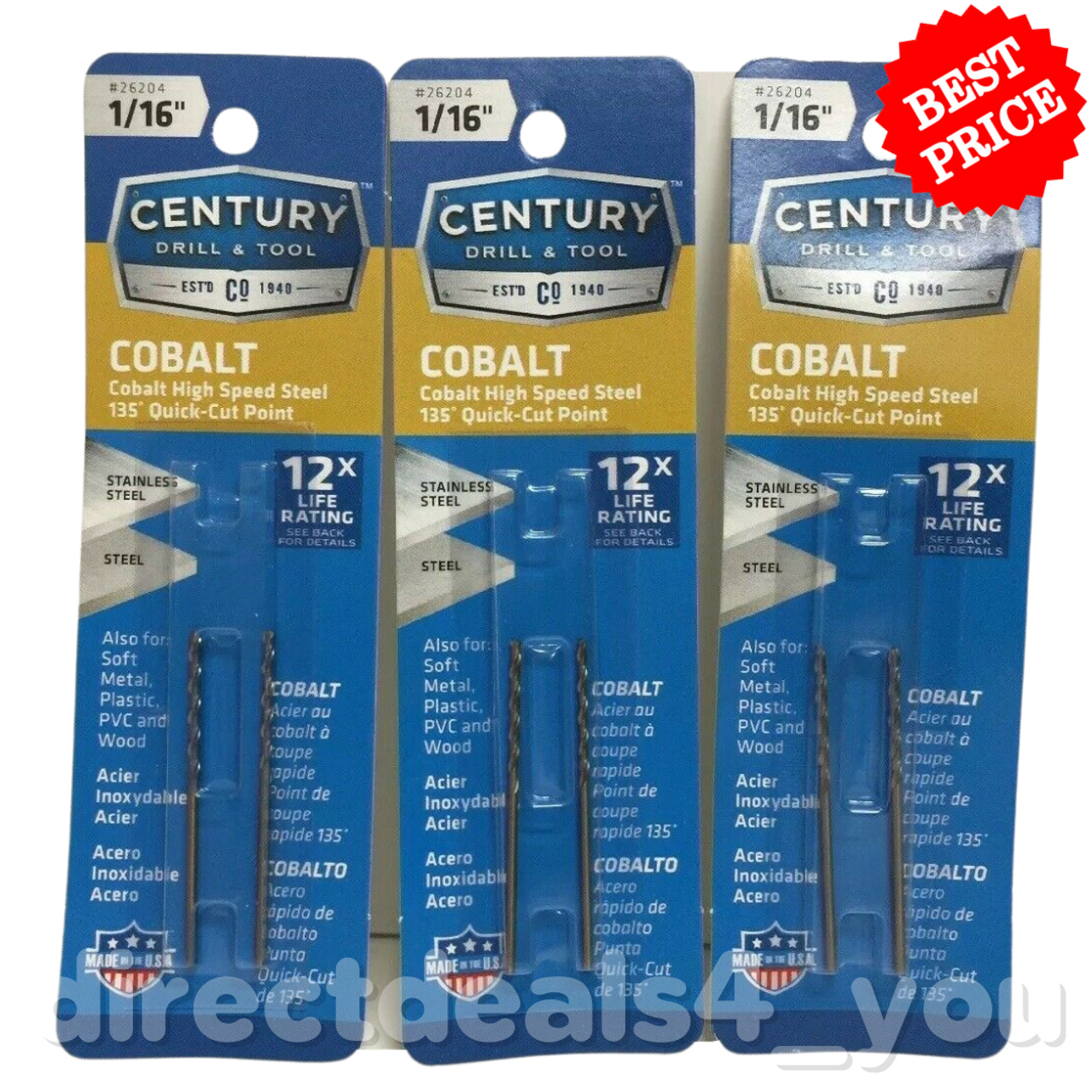 Century Drill & Tool 26204 1/16" Cobalt High Speed Steel Drill Bit Pack of 3 - GOODSZON Discount Store