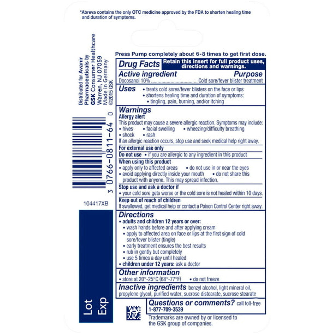 Abreva Cold Sore/Fever Blister Treatment Cream Pump 0.07 oz - GOODSZON Discount Store