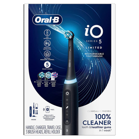 Oral-B iO Series 5 Rechargeable Electric Toothbrush with Visible Pressure Sensor to Protect Gums, 2 Minute Timer, 5 Cleaning Settings, 1 Replacement Toothbrush Heads, and Travel Case, Black - GOODSZON Discount Store