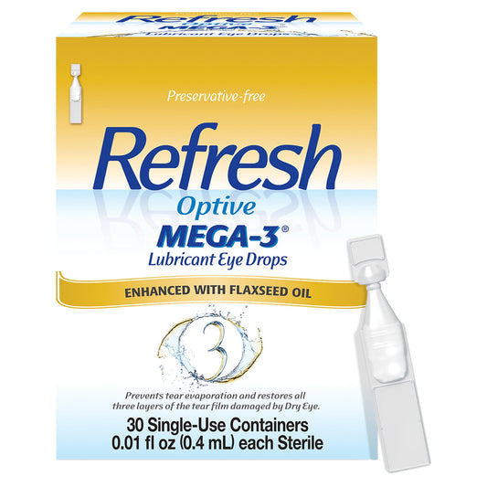 Refresh Optive MEGA-3 Lubricant Eye Drops Preservative-Free Artificial Tears, 0.01 fl oz (0.4 mL), 30 Single-Use Containers - GOODSZON Discount Store