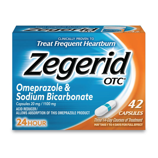 Zegerid OTC, Omeprazole 20mg and Sodium Bicarbonate, Heartburn Medicine, Acid Reducer, PPI, 24hr All Day Protection, 1 Pack 42 Capsules - GOODSZON Discount Store