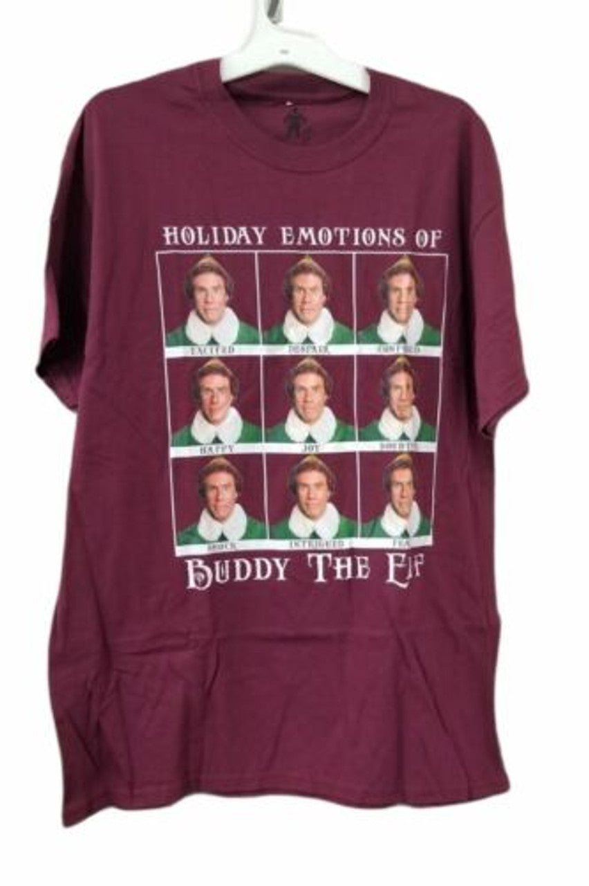 Hybrid Elf Holiday Emotions of Buddy The Elf Adult T-Shirt (Small) Maroon - GOODSZON Discount Store
