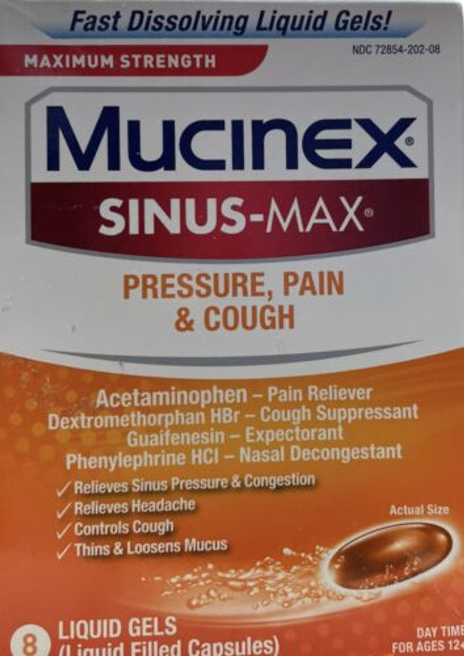 Mucinex Sinus-Max Max Strength Pressure, Pain - Cough 8liquid gels - GOODSZON Discount Store