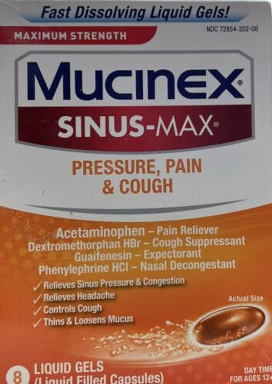 Mucinex Sinus-Max Max Strength Pressure, Pain - Cough 8liquid gels - GOODSZON Discount Store