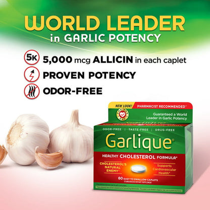 Garlique Healthy Cholesterol Supplement, Odor Free Garlic, 5000 mcg Allicin, White Caplets 60 Ct - GOODSZON Discount Store