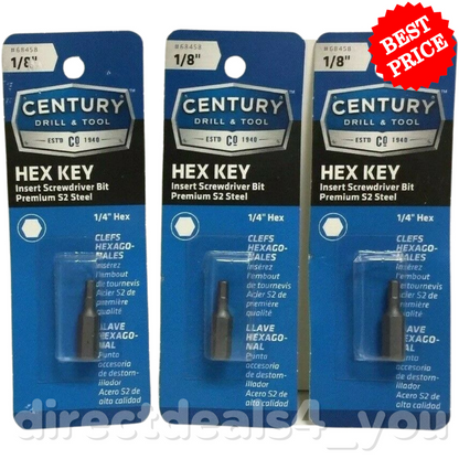 CENTURY DRILL & TOOL #68458 Hex Key 1/8" Insert Screwdriver Bit Pack of 3 - GOODSZON Discount Store