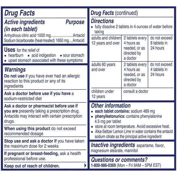 Alka Seltzer Effervescent Heartburn Relief Tablets, Lemon Lime, 36 Ct Pack of 2 - GOODSZON Discount Store