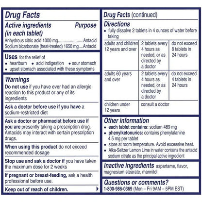 Alka Seltzer Effervescent Heartburn Relief Tablets, Lemon Lime, 36 Ct Pack of 2 - GOODSZON Discount Store