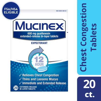 Chest Congestion, Mucinex Expectorant 12 Hour Extended Release Tablets, 20ct, 600 mg Guaifenesin with Extended Relief of Chest Congestion - GOODSZON Discount Store