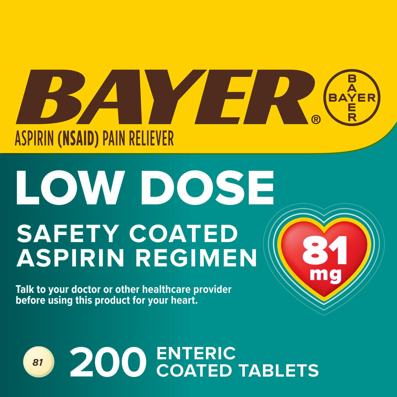 Aspirin Regimen Bayer Low Dose Pain Reliever Enteric Coated Tablets, 81mg, 200 Ct - GOODSZON Discount Store