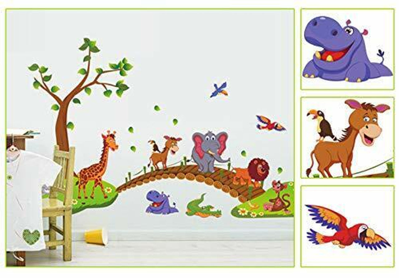 ROOHO Jungle Animals Tree Wall Stickers Lion Giraffe Elephant Walking on Bridge - GOODSZON Discount Store