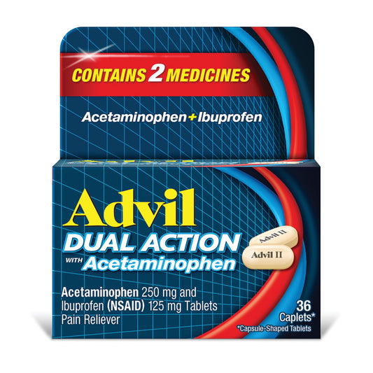 Advil Dual Action With Acetaminophen Pain and Headache Reliever Ibuprofen, 200 Mg Coated Caplets, 36 Count - GOODSZON Discount Store