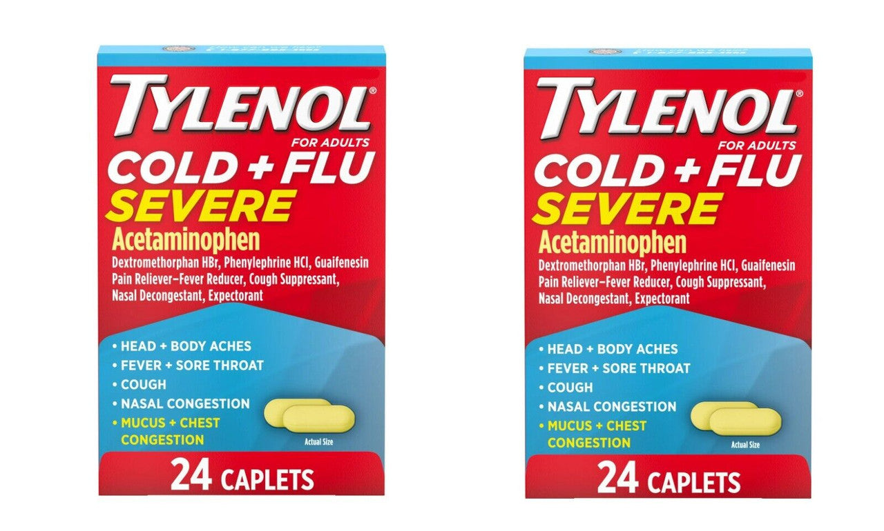Tylenol Cold + Flu Severe 24 Caplets for Multi-Symptom Relief Pack of 2 - GOODSZON Discount Store