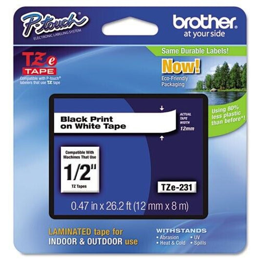 BrotherP-Touch TZE-231 Standard Laminated Black on White Label Tape, 0.47" 26.2' - GOODSZON Discount Store