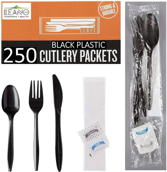 250 Plastic Cutlery Packets - Knife Fork Spoon Napkin Salt Pepper Sets - GOODSZON Discount Store