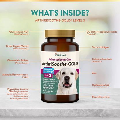 NaturVet ArthriSoothe Gold Level 3 Advanced Joint Care–Supports Connective Tissue, Cartilage & Joint Movement – Glucosamine, MSM, Chondroitin & Green Lipped Mussel – 90ct Tablets - Dogs & Cats - GOODSZON Discount Store