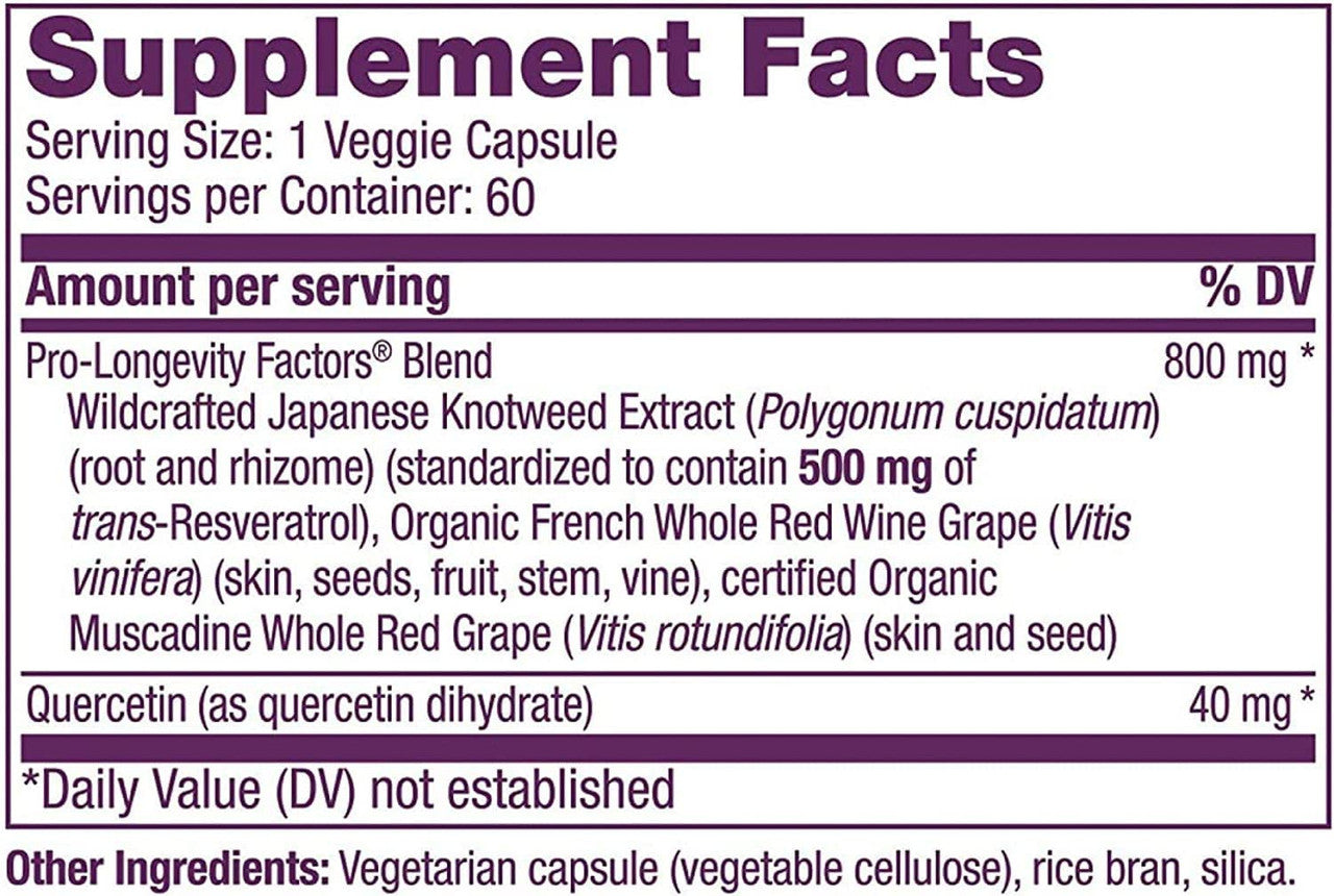 Reserveage, Resveratrol 500 mg, Antioxidant Supplement for Heart and Cellular Health, Supports Healthy Aging, Paleo, Keto, 60 Capsules