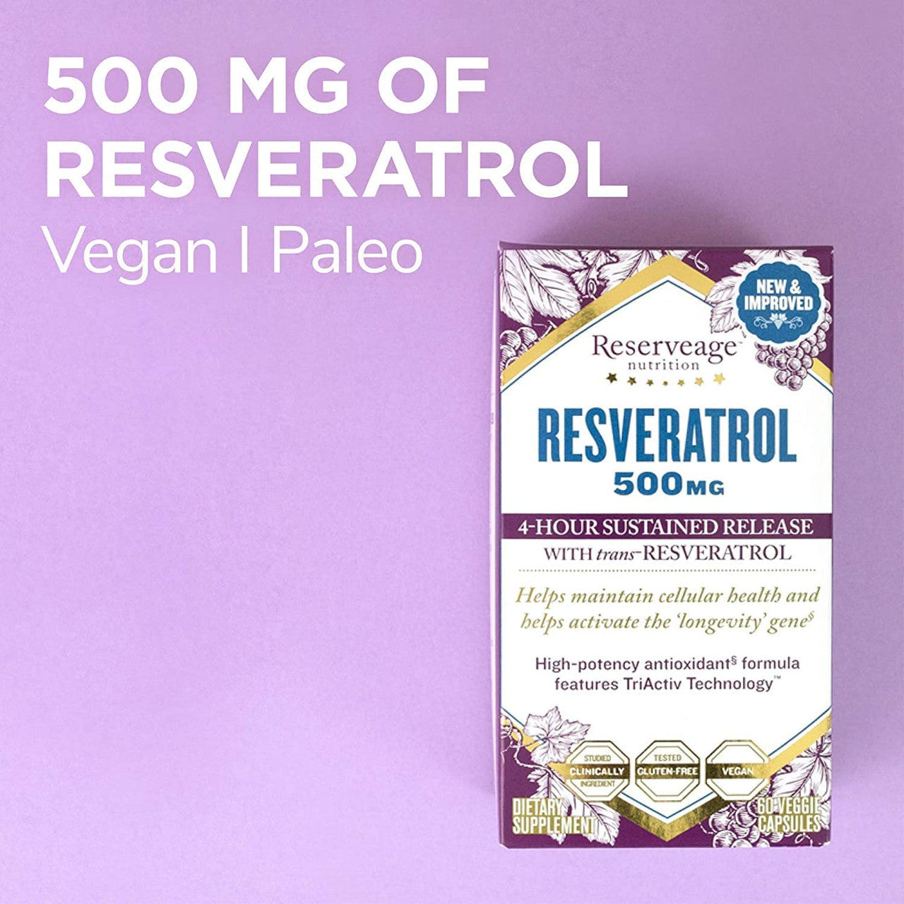 Reserveage, Resveratrol 500 mg, Antioxidant Supplement for Heart and Cellular Health, Supports Healthy Aging, Paleo, Keto, 60 Capsules