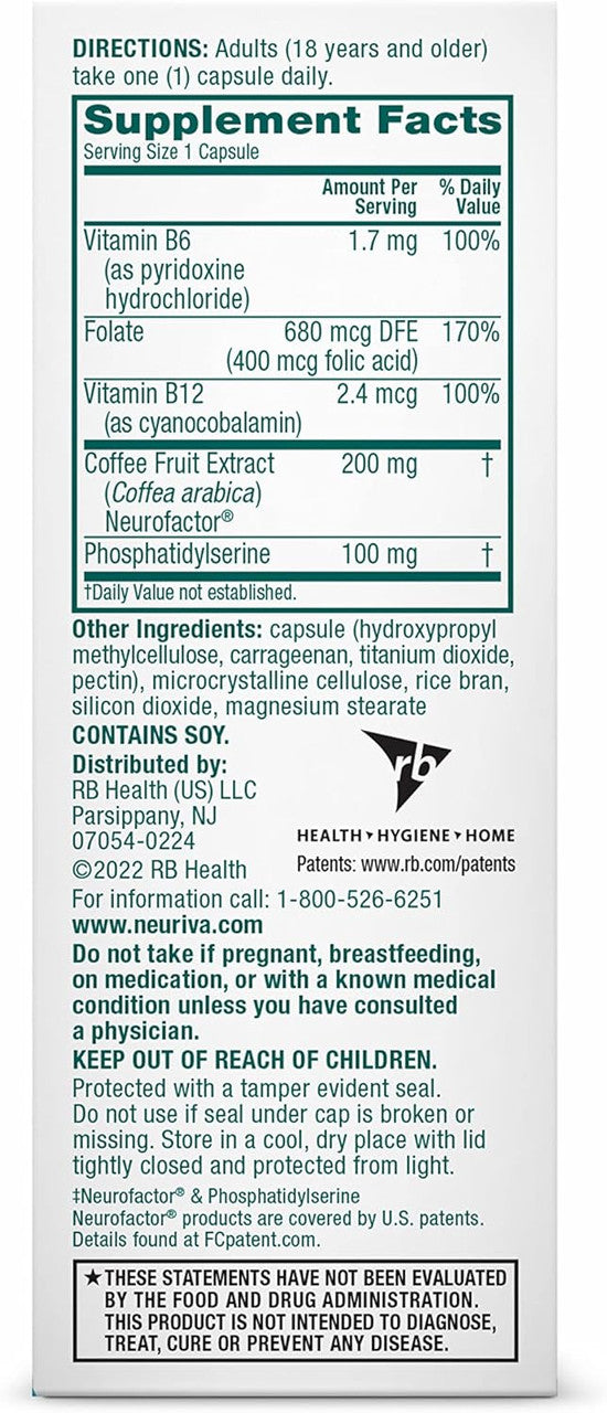 NEURIVA Plus Brain Supplement for Memory and Focus Clinically Tested Nootropics for Concentration for Mental Clarity, Cognitive Enhancement Vitamins B6, B12, Phosphatidylserine 30 Capsules - GOODSZON Discount Store