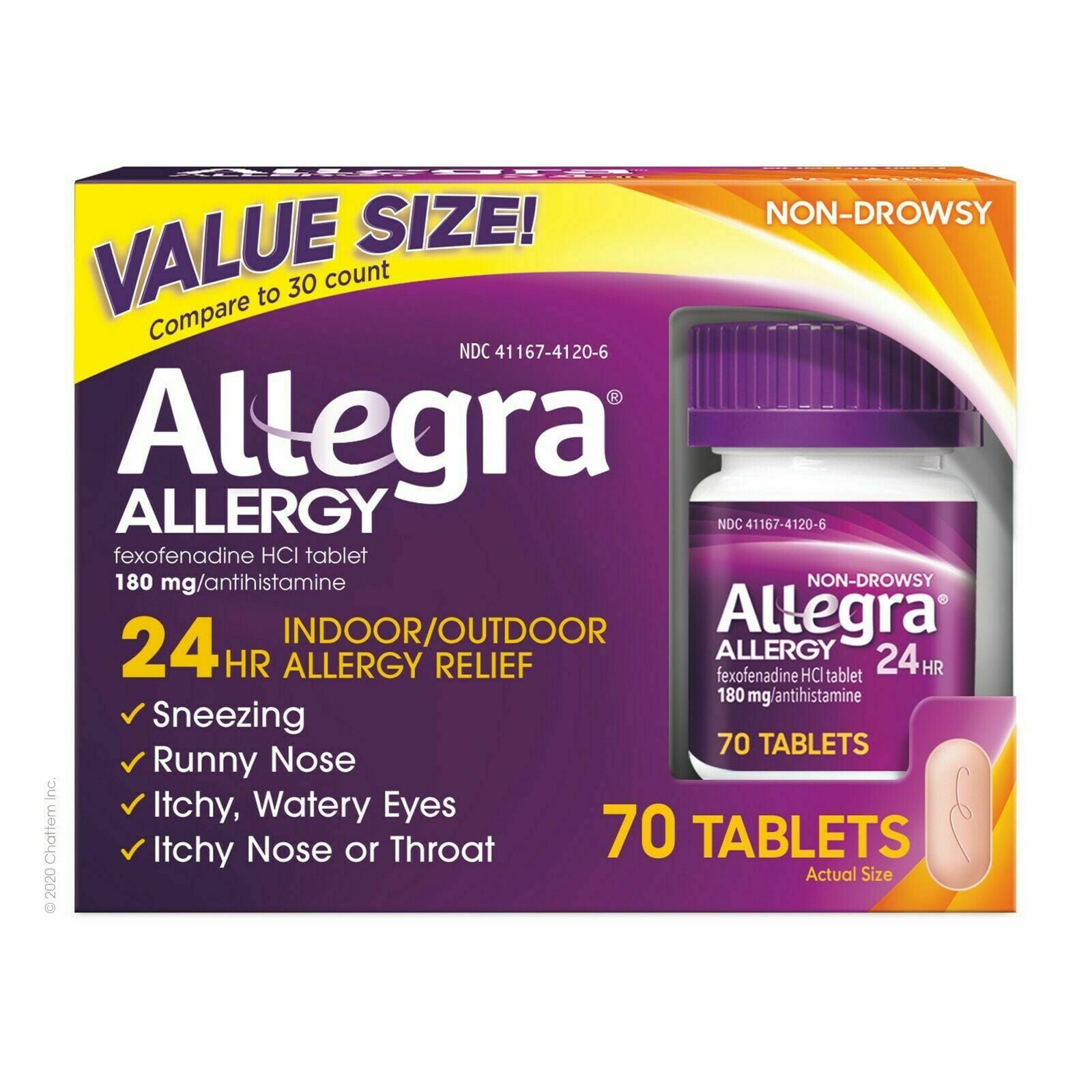 Allegra 24-Hour Indoor Outdoor 180 Mg. Allergy Relief - 70 Tablets - GOODSZON Discount Store