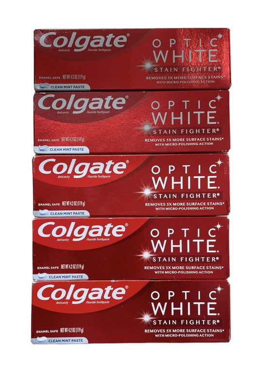 Colgate Optic White Stain Fighter Teeth Whitening Toothpaste, Clean Mint Paste - 4.2 Ounce Pack of 5 - GOODSZON Discount Store