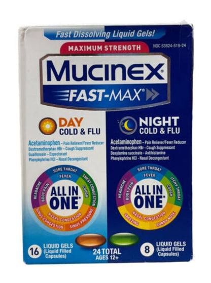 Mucinex Max Strength Fast-Max Day Cold & Night Cold Flu 24 Liquid Gels Pack of 2 - GOODSZON Discount Store