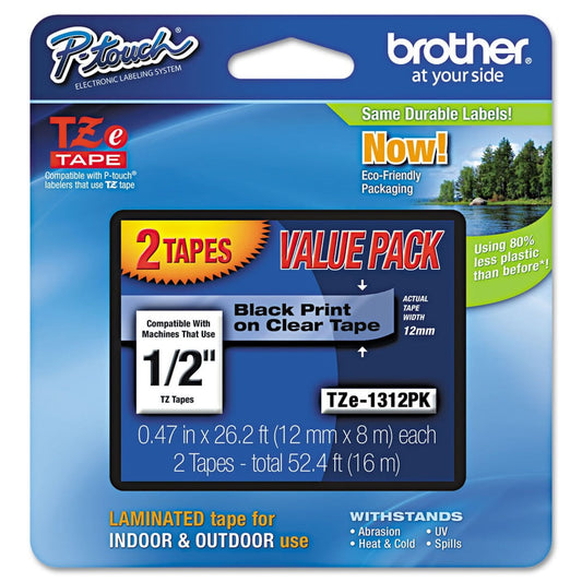 Brother P-Touch TZE1312PK Standard Adhesive Laminated Labeling Tapes, 1/2"w, Black On Clear, 2/pack - GOODSZON Discount Store