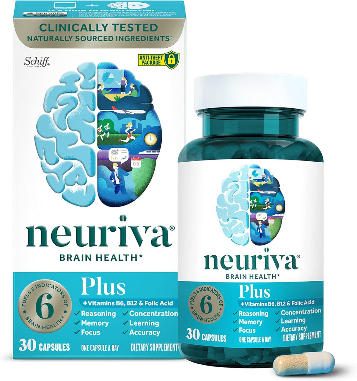 NEURIVA Plus Brain Supplement for Memory and Focus Clinically Tested Nootropics for Concentration for Mental Clarity, Cognitive Enhancement Vitamins B6, B12, Phosphatidylserine 30 Capsules - GOODSZON Discount Store