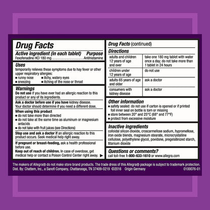 Allegra Adult 24HR Tablet (45 Ct, 180 mg), Allergy Relief - GOODSZON Discount Store