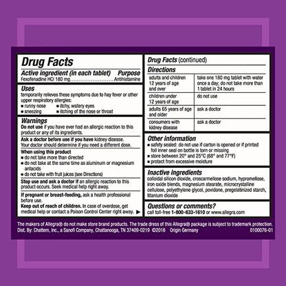 Allegra Adult 24HR Tablet (45 Ct, 180 mg), Allergy Relief - GOODSZON Discount Store