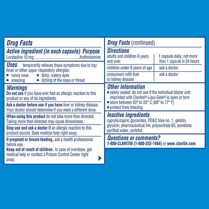 Claritin 24 Hour Non-Drowsy Allergy Relief Liqui-Gels, 10 mg, 60 Ct - GOODSZON Discount Store